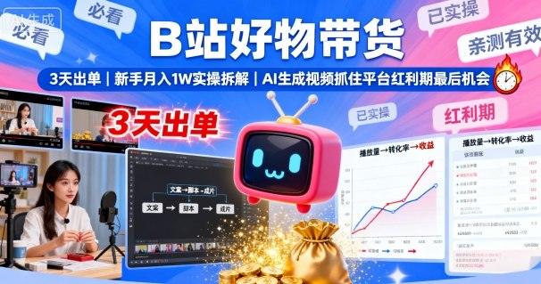 B站好物带货，3天出单，新手月入1W实操拆解，AI生成视频，抓住平台红利期最后机会凯哥轻创网-轻创网-创业网-网创项目资源站-副业项目-创业项目-搞钱项目凯哥轻创网