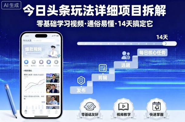 今日头条玩法详细项目拆解，零基础学习视频 通俗易懂 14天搞定它凯哥轻创网-轻创网-创业网-网创项目资源站-副业项目-创业项目-搞钱项目凯哥轻创网