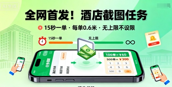 全网首发！酒店截图任务，15秒一单，每单0.6米，任务无上限不设限，矩阵操作单日3张到手【揭秘】凯哥轻创网-轻创网-创业网-网创项目资源站-副业项目-创业项目-搞钱项目凯哥轻创网