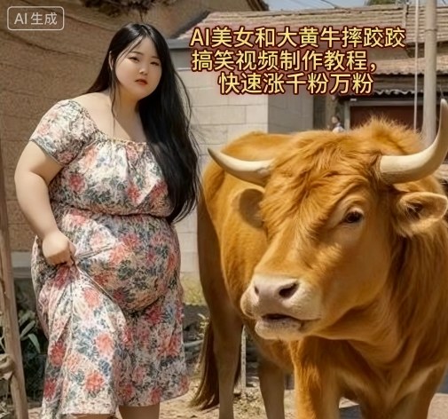 AI美女和大黄牛摔跤搞笑荒诞视频制作教程，快速涨千粉万粉凯哥轻创网-轻创网-创业网-网创项目资源站-副业项目-创业项目-搞钱项目凯哥轻创网