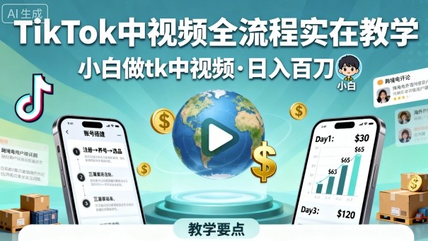 TikTok中视频全流程实操教学，小白做tk中视频，日入百刀凯哥轻创网-轻创网-创业网-网创项目资源站-副业项目-创业项目-搞钱项目凯哥轻创网