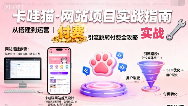 卡哇猫·网站项目，网站搭建与运营以及引流跳转付费凯哥轻创网-轻创网-创业网-网创项目资源站-副业项目-创业项目-搞钱项目凯哥轻创网