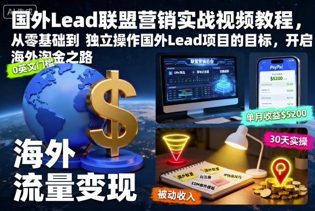 国外Lead联盟营销实战视频教程，从零基础到独立操作国外Lead项目的目标，开启海外淘金之路凯哥轻创网-轻创网-创业网-网创项目资源站-副业项目-创业项目-搞钱项目凯哥轻创网