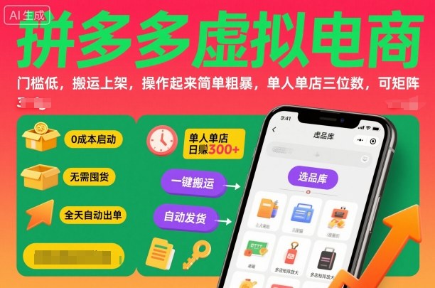 拼多多虚拟电商，门槛低，搬运上架，操作起来简单粗暴，单人单店三位数，可矩阵凯哥轻创网-轻创网-创业网-网创项目资源站-副业项目-创业项目-搞钱项目凯哥轻创网