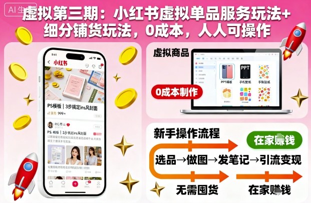 虚拟第三期：小红书虚拟单品服务玩法+细分铺货玩法，0成本，人人可操作凯哥轻创网-轻创网-创业网-网创项目资源站-副业项目-创业项目-搞钱项目凯哥轻创网