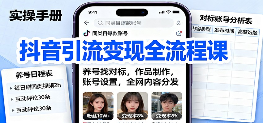 抖音引流变现全流程课：养号找对标，作品制作，账号设置，全网内容分发凯哥轻创网-轻创网-创业网-网创项目资源站-副业项目-创业项目-搞钱项目凯哥轻创网