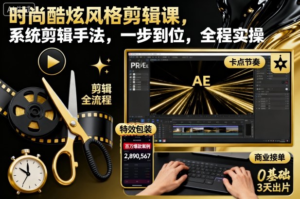 时尚酷炫风格剪辑课，系统剪辑手法，一步到位，全程实操凯哥轻创网-轻创网-创业网-网创项目资源站-副业项目-创业项目-搞钱项目凯哥轻创网