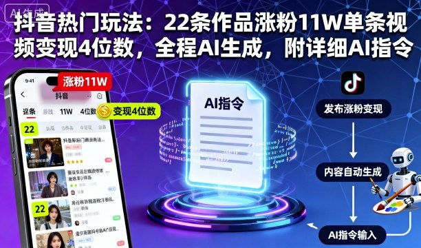 抖音热门玩法：22条作品涨粉11W单条视频变现4位数，全程AI生成，附详细AI指令凯哥轻创网-轻创网-创业网-网创项目资源站-副业项目-创业项目-搞钱项目凯哥轻创网