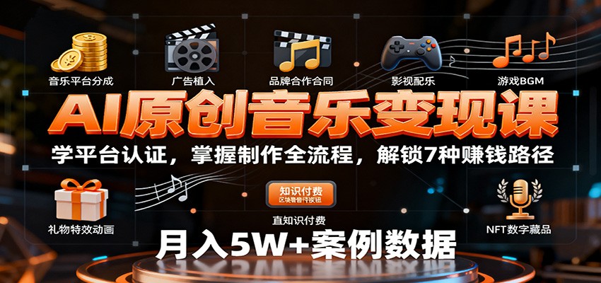 AI原创音乐变现课：学平台认证，掌握制作全流程，解锁7种赚钱路径凯哥轻创网-轻创网-创业网-网创项目资源站-副业项目-创业项目-搞钱项目凯哥轻创网