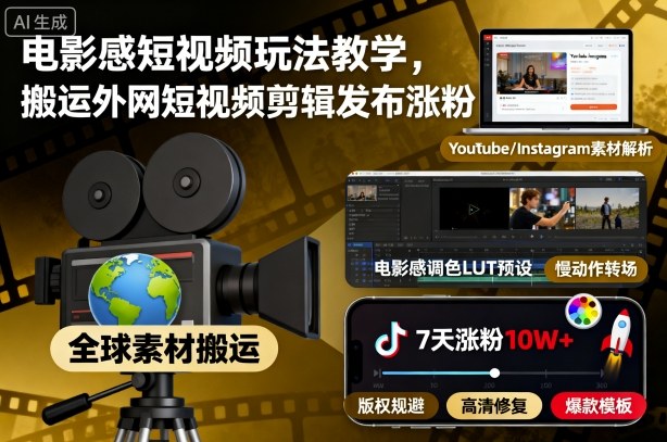 电影感短视频玩法教学，搬运外网短视频剪辑发布涨粉凯哥轻创网-轻创网-创业网-网创项目资源站-副业项目-创业项目-搞钱项目凯哥轻创网