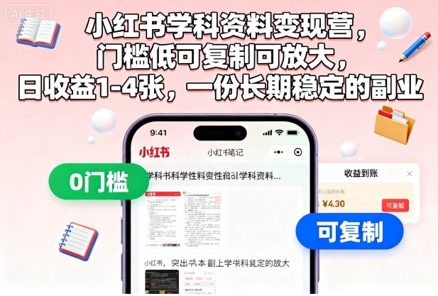 小红书学科资料变现营，门槛低可复制可放大，日收益1-4张，一份长期稳定的副业凯哥轻创网-轻创网-创业网-网创项目资源站-副业项目-创业项目-搞钱项目凯哥轻创网