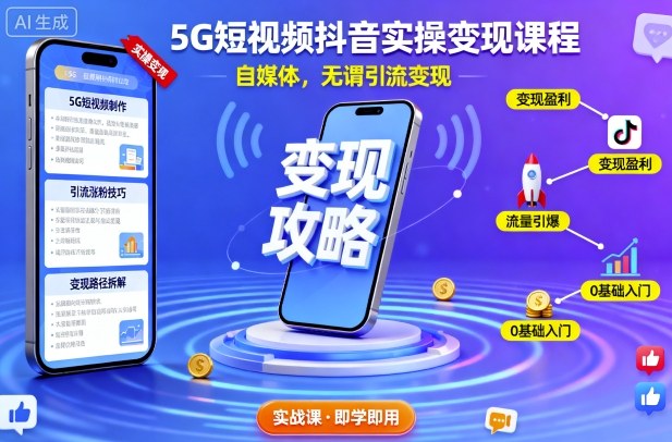 5G短视频抖音实操变现课程，自媒体，无谓引流变现凯哥轻创网-轻创网-创业网-网创项目资源站-副业项目-创业项目-搞钱项目凯哥轻创网