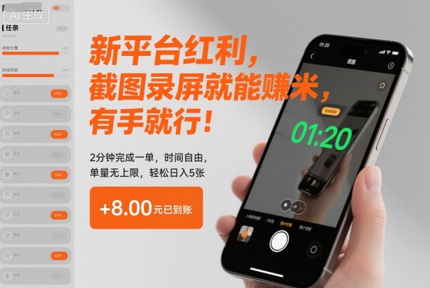 新平台红利，截图录屏就能賺米，有手就行！2分钟完成一单，时间自由，单量无上限，轻松日入5张【揭秘】凯哥轻创网-轻创网-创业网-网创项目资源站-副业项目-创业项目-搞钱项目凯哥轻创网