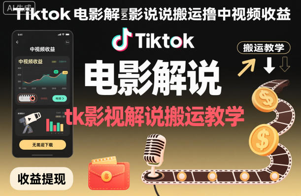 Tiktok电影解说搬运撸中视频收益，tk影视解说搬运教学凯哥轻创网-轻创网-创业网-网创项目资源站-副业项目-创业项目-搞钱项目凯哥轻创网