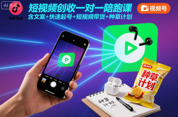 短视频创收一对一陪跑课，含文案+快速起号+短视频带货+种草计划凯哥轻创网-轻创网-创业网-网创项目资源站-副业项目-创业项目-搞钱项目凯哥轻创网