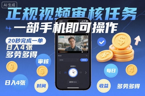 正规视频审核任务，一部手机即可操作，20秒完成一单，日入4张，多劳多得【揭秘】凯哥轻创网-轻创网-创业网-网创项目资源站-副业项目-创业项目-搞钱项目凯哥轻创网