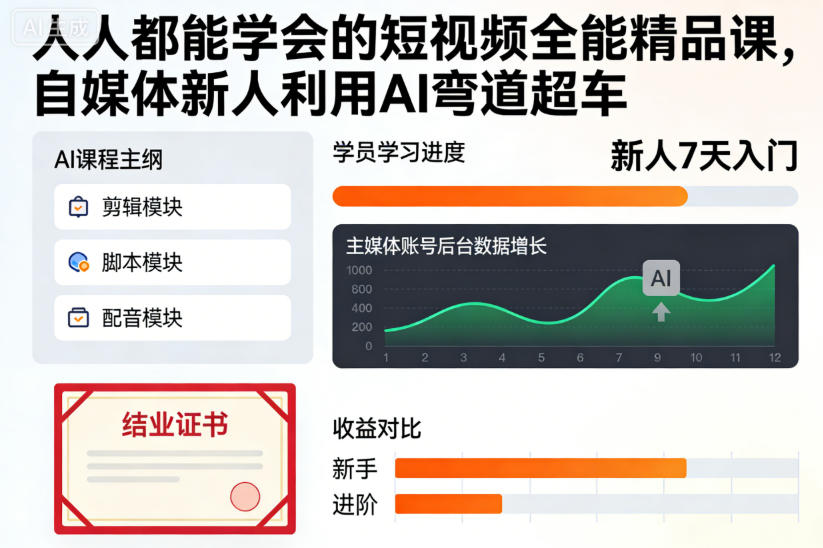人人都能学会的短视频全能精品课，自媒体新人利用AI弯道超车凯哥轻创网-轻创网-创业网-网创项目资源站-副业项目-创业项目-搞钱项目凯哥轻创网