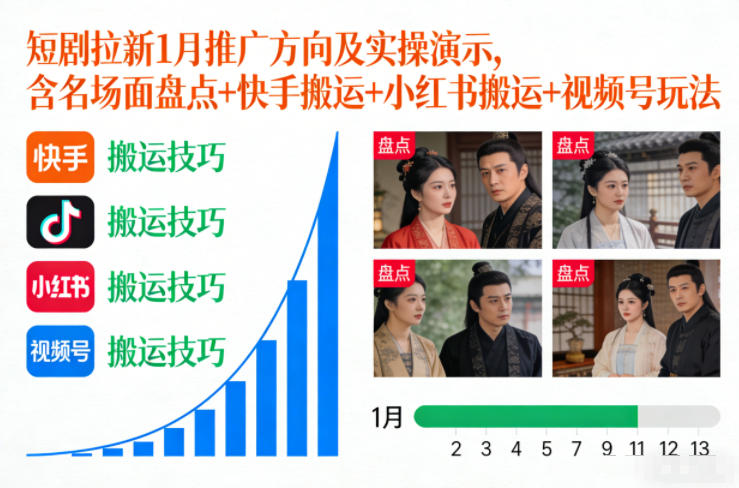 短剧拉新1月推广方向及实操演示,含名场面盘点+快手搬运+小红书搬运+视频号玩法凯哥轻创网-轻创网-创业网-网创项目资源站-副业项目-创业项目-搞钱项目凯哥轻创网