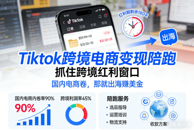 Tiktok跨境电商变现陪跑,抓住跨境红利窗口,国内电商卷,那就出海賺美金凯哥轻创网-轻创网-创业网-网创项目资源站-副业项目-创业项目-搞钱项目凯哥轻创网