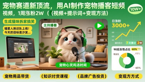 宠物赛道新顶流,用AI制作宠物播客短视频,1周涨粉2W(视频+提示词+变现方法)凯哥轻创网-轻创网-创业网-网创项目资源站-副业项目-创业项目-搞钱项目凯哥轻创网