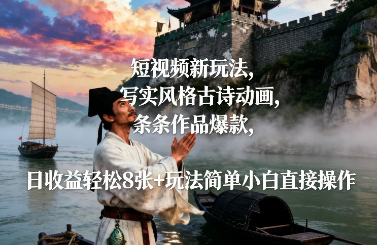 短视频新玩法，写实风格古诗动画，条条作品爆款，日收益轻松8张+玩法简单小白直接操作凯哥轻创网-轻创网-创业网-网创项目资源站-副业项目-创业项目-搞钱项目凯哥轻创网