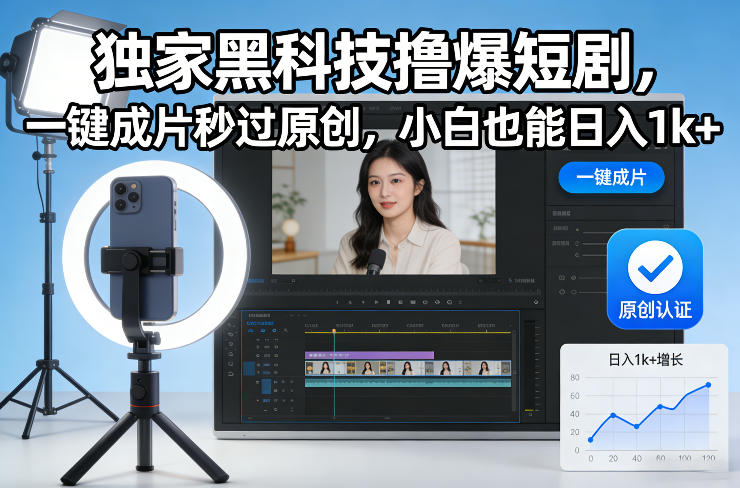 独家黑科技撸爆短剧，一键成片秒过原创，小白也能日入1k+【揭秘】凯哥轻创网-轻创网-创业网-网创项目资源站-副业项目-创业项目-搞钱项目凯哥轻创网