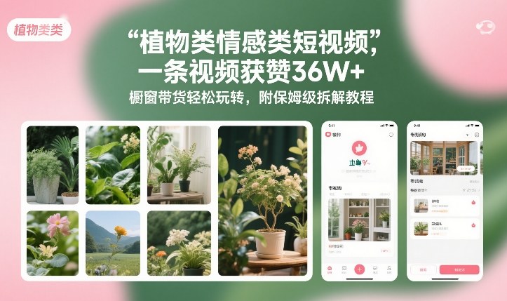 植物类情感类短视频，一条视频获赞36W+，橱窗带货轻松玩转，附保姆级拆解教程凯哥轻创网-轻创网-创业网-网创项目资源站-副业项目-创业项目-搞钱项目凯哥轻创网