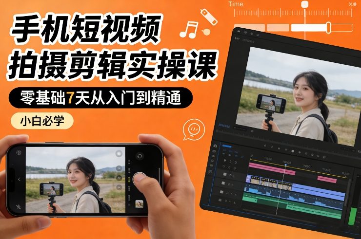 手机短视频拍摄剪辑实操课，零基础7天从入门到精通，小白必学凯哥轻创网-轻创网-创业网-网创项目资源站-副业项目-创业项目-搞钱项目凯哥轻创网