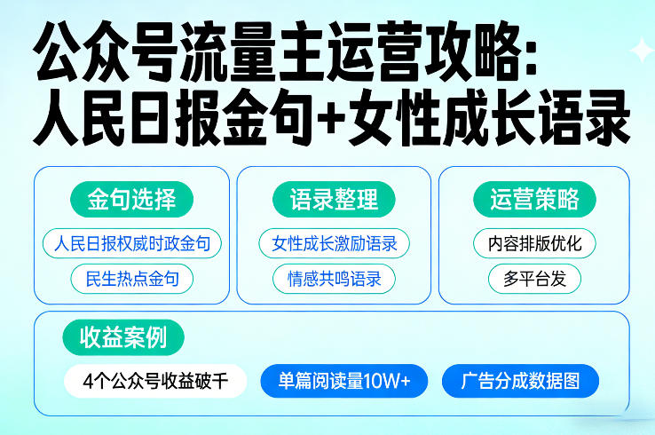 利用人民日报金句+女性成长语录做公众号流量主，4个公众号收益破千凯哥轻创网-轻创网-创业网-网创项目资源站-副业项目-创业项目-搞钱项目凯哥轻创网