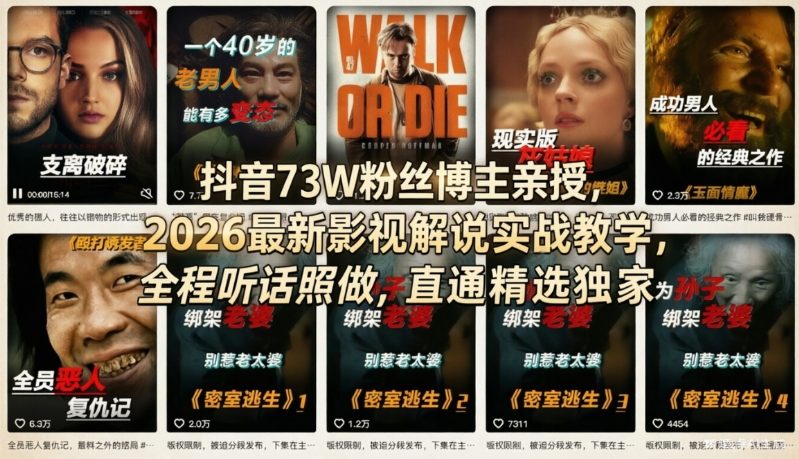 抖音73W粉丝博主亲授，2026最新影视解说实战教学，全程听话照做，直通精选独家凯哥轻创网-轻创网-创业网-网创项目资源站-副业项目-创业项目-搞钱项目凯哥轻创网